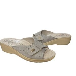 Fly Flot Sandals Women 7.5 Beige Leather Slide Wedge Comfort Italian Shoes